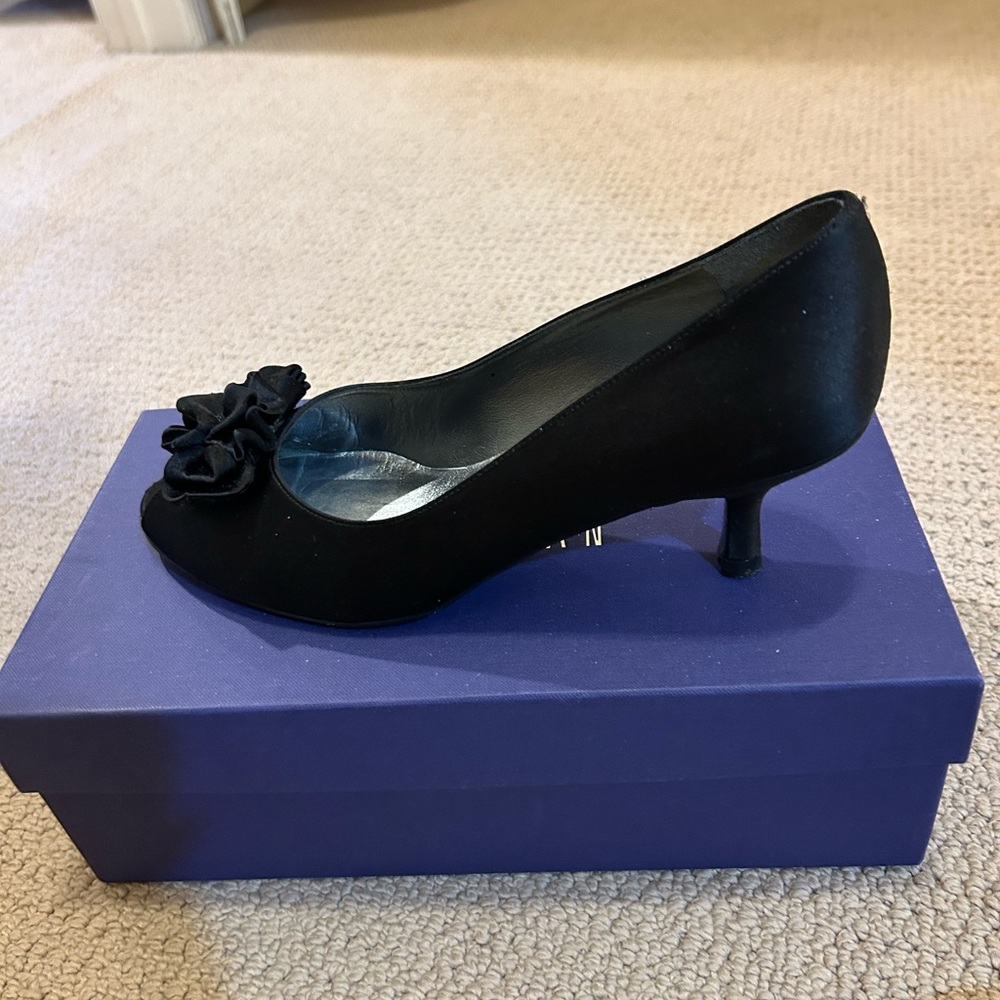 Stuart Weitzman Marimbow Evening Shoes - Black Heels with Floral Detail